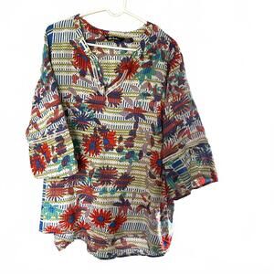 Ulla popken boho tropical tunic top Cotton travel vaca floral lightweight sz 3xl